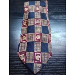 VINTAGE BILL BLASS SILK NECKTIE – Geometric Check & Floral Medallion – Navy...